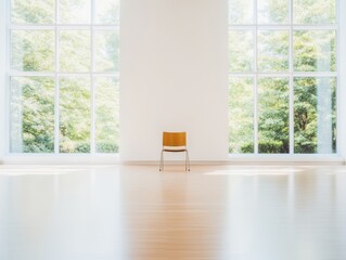 Fototapeta premium Minimalist Interior with Chair and Sunlit Windows in Spacious Room