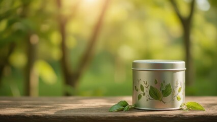 Tea tin packaging,metal tea tin with green leaf illustrations, placed outdoors on a sunlit forest path, reflecting natural and eco-friendly design elements