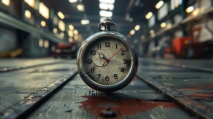 Vintage alarm clock on a wooden table in a modern cafe with warm ambient lighting and a blurred background.