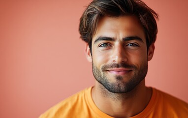 Fototapeta premium man with casual t-shirt is smiling at the camera, solid color background