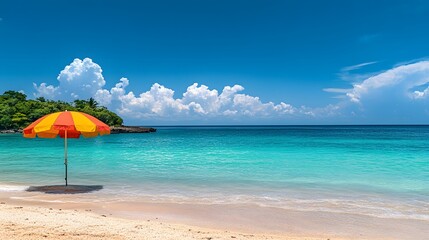 Fototapeta premium Vibrant beach&nbsp;scene&nbsp;with rainbow-colored umbrella on&nbsp;sand, set&nbsp;against turquoise ocean and white&nbsp;clouds, capturing summer&nbsp;vacation essence&nbsp;with natural&nbsp;lighting in&nbsp;wide&nbsp;angle perspective.