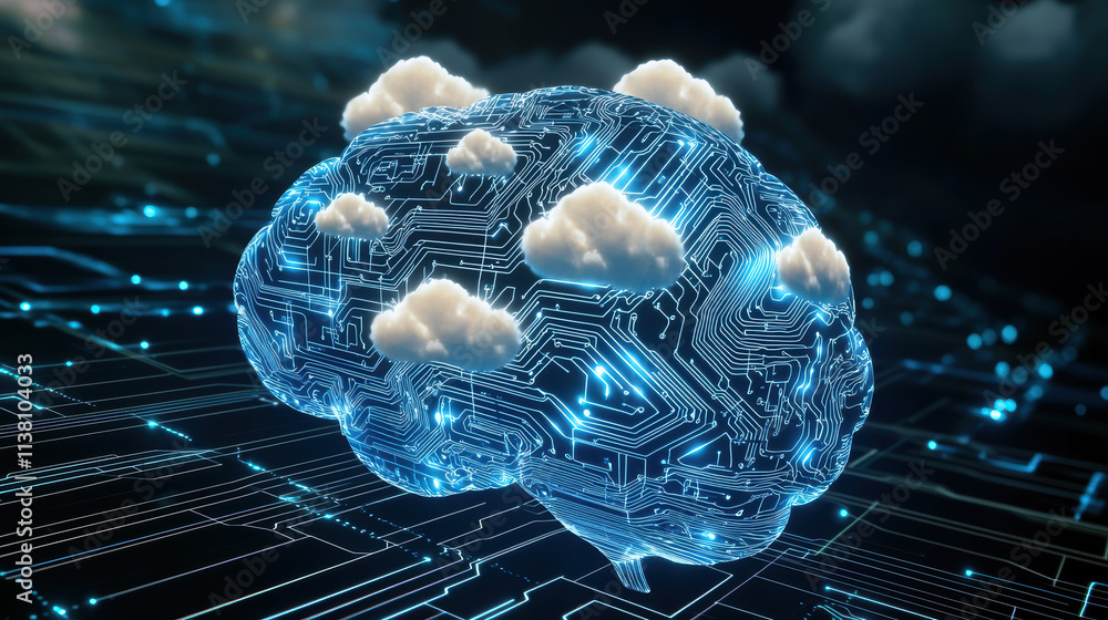 Poster conceptual image of brain made of circuits and clouds, symbolizing intelligence and technology