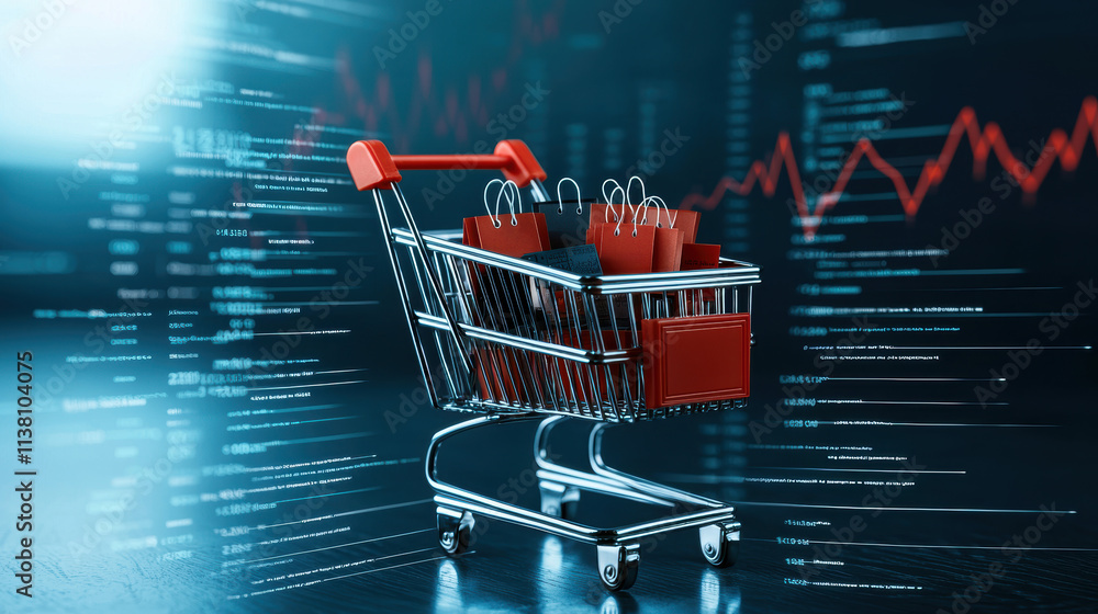 Poster conceptual image of shopping cart filled with bags and data visuals