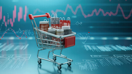 shopping cart filled with various products against digital background, symbolizing e commerce trends and consumer behavior