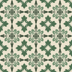 Green and cream floral classic traditional damask design, seamless pattern, vector illustration. Design for fabric ends and clothing.