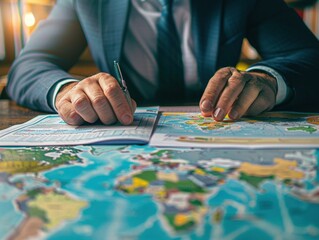 Businessman analyzing the impact of trade tariff policies on import/export operations, using financial reports and a world map to assess the effects of new regulations and duties on global commerce