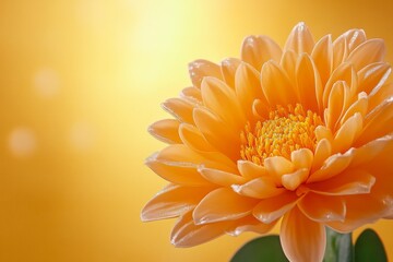 A close-up of a marigold flower, with its bright orange petals glowing softly in golden sunlight