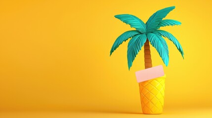 Summer sale concept. Colorful artificial palm tree in a yellow background, resembling a tropical fruit treat.