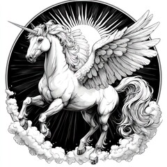 Majestic winged unicorn in monochrome, sunburst background.