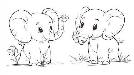 Fototapeta premium A black and white drawing of two baby elephants.