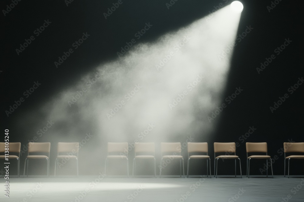 Poster Surreal Projector Beam with Dust Particles Over Empty Chairs in Minimalist Theater Setting