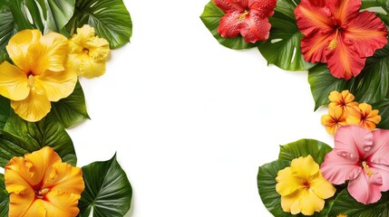Obraz premium Summer sale concept. Colorful hibiscus flowers surrounded by lush green leaves on a blank background.