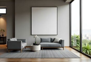 Fototapeta premium A modern living room with a large blank white frame on the wall, two gray sofas, and a rug on the floor. The room has a minimalist and clean design aesthetic