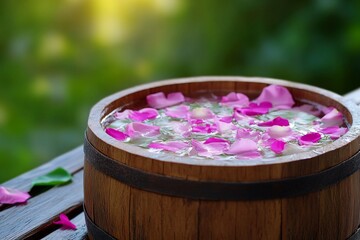 A close-up of tired feet soaking in a wooden basin filled with water and floating flower petals, evoking relaxation and self-care