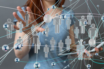 holding 3D rendering group of blue people