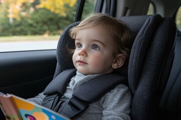 A young child sits in a car seat, captivated by a colorful book, beautifully highlighting innocence and the joy of discovery during family travels.