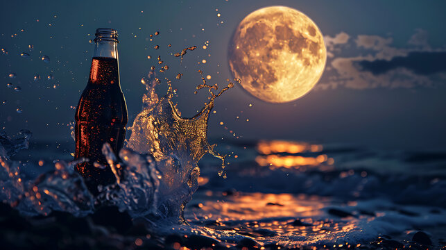Moonlit Splash: A solitary bottle of soda, its silhouette stark against the glow of the full moon, plunges into the ocean, creating a mesmerizing spray of water droplets.