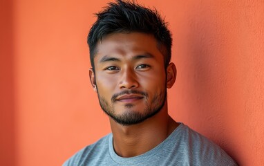 Obraz premium man with casual t-shirt is smiling at the camera, solid color background