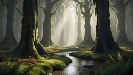 Magical Forest Background with Moss-Covered Trees, Dappled Sunlight, Ferns, Wildflowers, and a Winding Stream  
