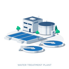 Waste water treatment plant with two circular filter tanks and reservoir storage. Wastewater filtration purification system facility. Environment ecology industry. Isolated vector illustration icon