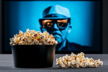 A cozy home theater setup with a projector screen showing a classic black-and-white film, and popcorn on the table