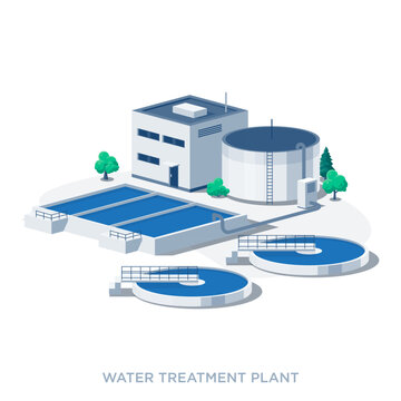 Waste water treatment plant with two circular filter tanks and reservoir storage. Wastewater filtration purification system facility. Environment ecology industry. Isolated vector illustration icon