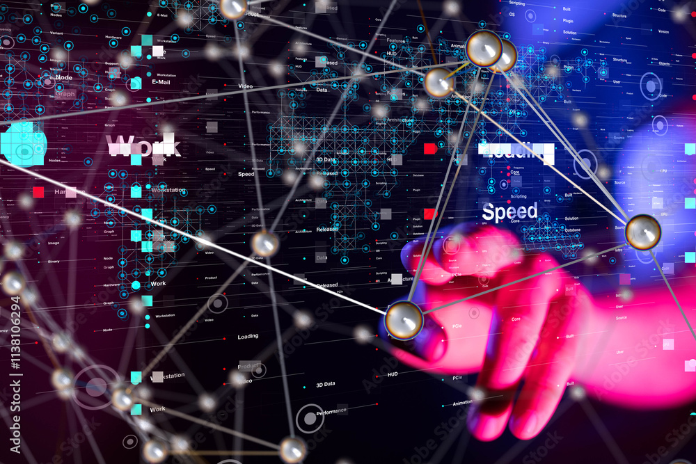 Poster Neural network 3D illustration. Big data and cybersecurity