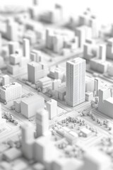 3D rendering of city with buildings, streets and small blocks on the ground