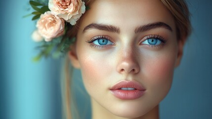 Fototapeta premium Stunning portrait of a young woman with blue eyes and floral accents set against a soft background
