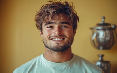 Fototapeta premium man with casual t-shirt is smiling at the camera, solid color background