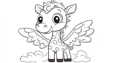 Fototapeta premium A black and white cartoon drawing of a giraffe with wings.