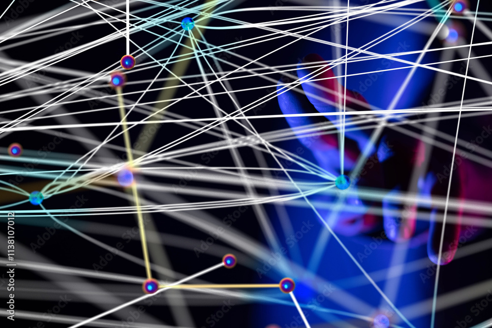 Poster Global network. Blockchain. 3D illustration. Neural networks and artificial intelligence. Abstract