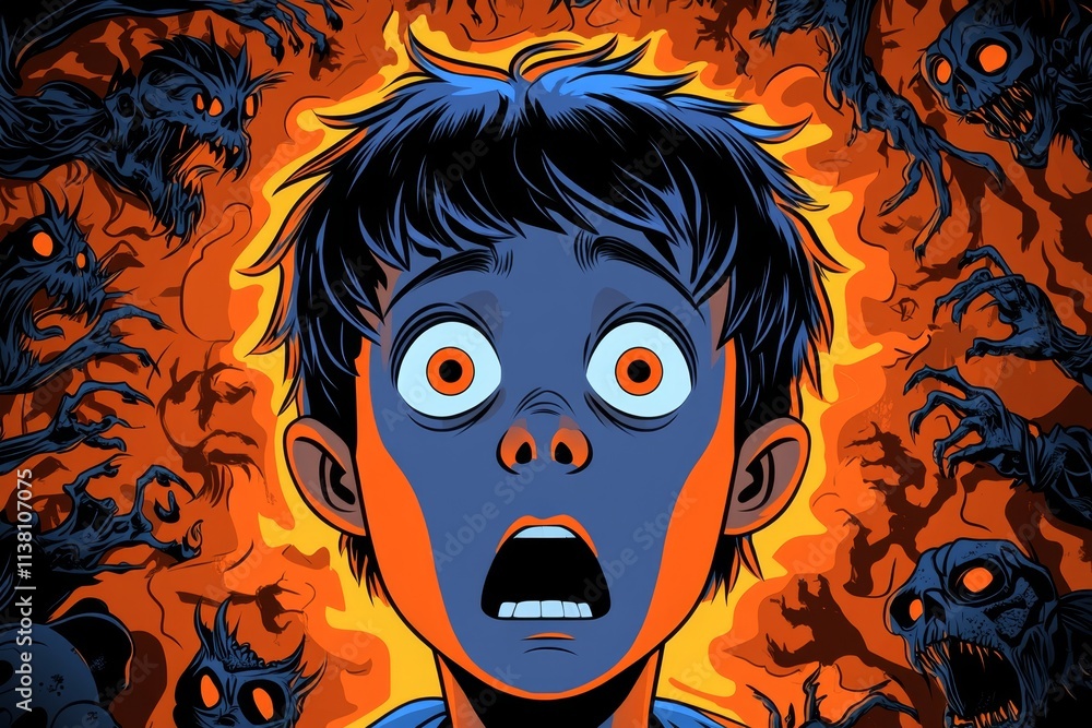 Poster a digital illustration of a child face illuminated by a flickering flashlight, their surroundings fi