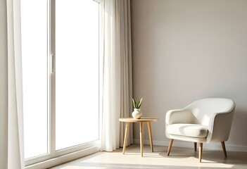 Fototapeta premium A minimalist living room with a white armchair, a wooden side table, and a large window with sheer curtains letting in natural light
