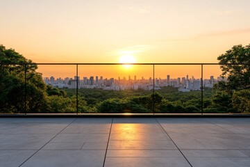 A detailed 3D illustration of a modern, sleek glass fence on a balcony, overlooking a breathtaking cityscape at sunset
