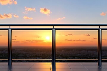 Fototapeta premium A detailed 3D illustration of a modern, sleek glass fence on a balcony, overlooking a breathtaking cityscape at sunset