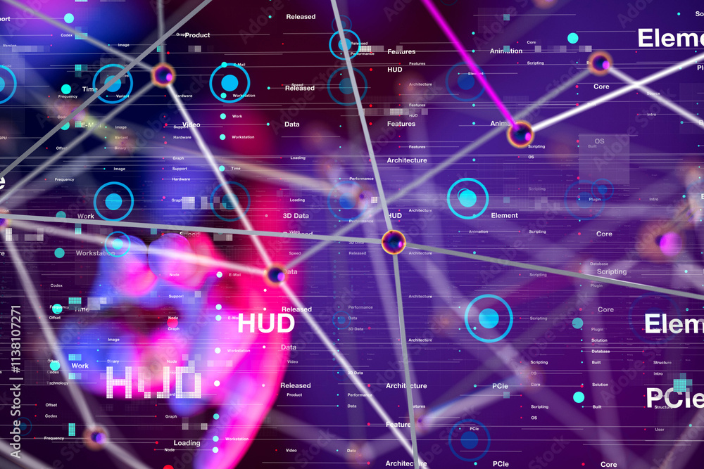 Poster Neural network 3D illustration. Big data and cybersecurity - 3d