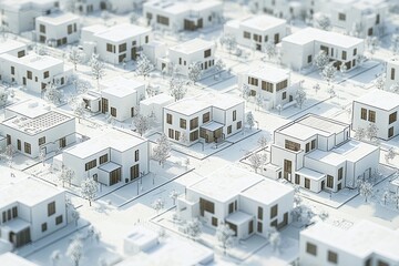 Naklejka premium 3D rendering of city with buildings, streets and small blocks on the ground