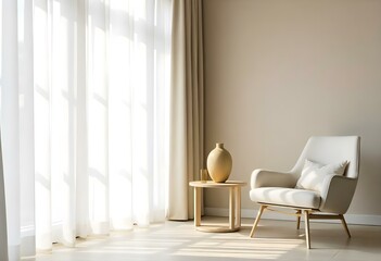 Fototapeta premium A minimalist living room with a white armchair, a wooden side table, and a large window with sheer curtains letting in natural light
