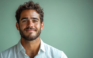 man with casual t-shirt is smiling at the camera, solid color background