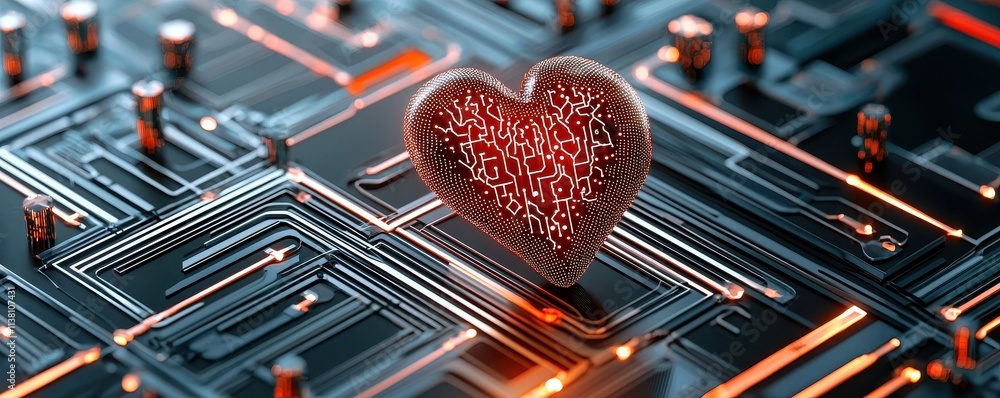 Poster a glowing heart symbol rests on an intricate circuit board, merging themes of technology and emotion