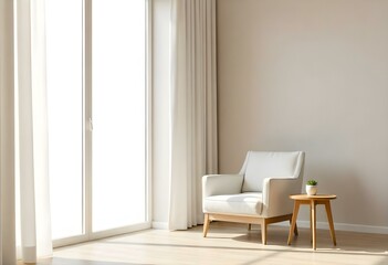 A minimalist living room with a white armchair, a wooden side table, and a large window with sheer curtains letting in natural light