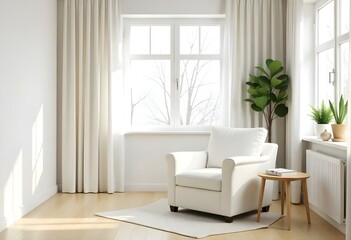 A minimalist living room with a white armchair, a wooden side table, and a large window with sheer curtains letting in natural light
