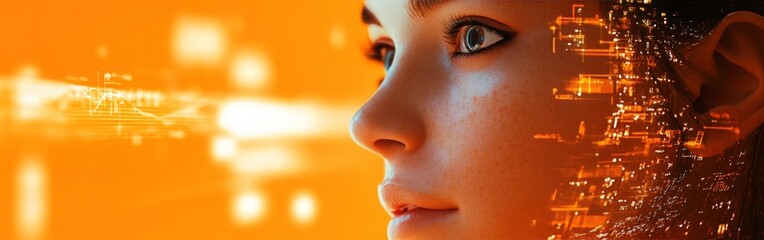 Futuristic Cybernetic Woman Head in Orange Glow