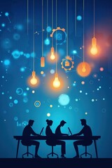Naklejka premium A group of people are sitting at a table with a blue background