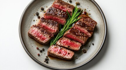 A close-up of fresh beef slices on a modern stoneware plate, top down view, plain white background
