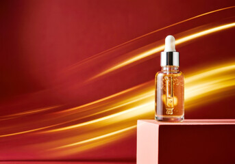 Naklejka premium Luxurious serum bottle with golden liquid on red background with light streaks