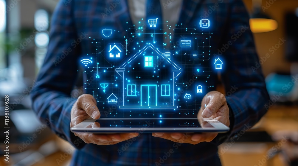 Aufkleber man holding tablet displaying smart home technology interface.