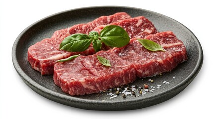 A close-up of fresh beef slices on a modern stoneware plate, top down view, plain white background