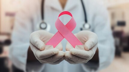 A healthcare professional holds a pink ribbon symbolizing breast cancer awareness, promoting hope and support for those affected.